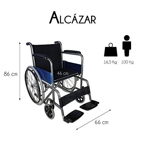 Mobiclinic, Alcázar, Silla de ruedas plegable, ortopédica, para minusválidos, manual, freno en manetas, reposabrazos fijos y reposapiés abatibles, asiento, ultraligera, color negro