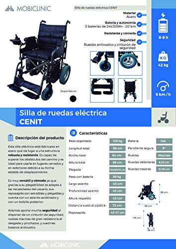 Mobiclinic, modelo Cenit, Silla de ruedas eléctrica, plegable, con motor, para discapacitados, minusválidos, ancianos, ortopedica, para mayores, autonomía 20 km, 24V, color Negro