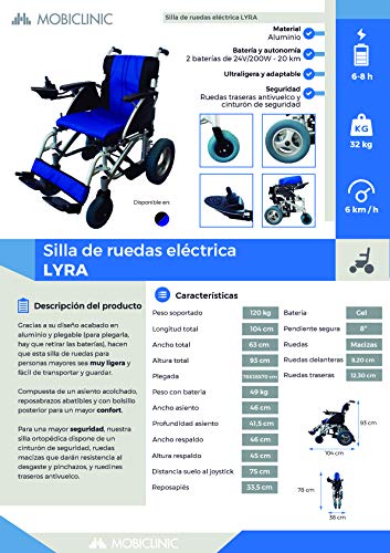 Mobiclinic, modelo Lyra, Silla de ruedas eléctrica, plegable, de aluminio, con motor, para discapacitados, minusválidos, ancianos, ortopedica, para mayores, autonomía 20 km, 24V, color Azul y Negro