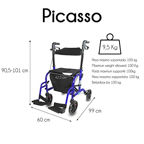 Mobiclinic, Modelo Picasso, Andador para mayores, minusválidos, adultos o ancianos, rollator, caminador, andador y silla de ruedas, aluminio, ligero, plegable, con asiento y 4 ruedas, azul