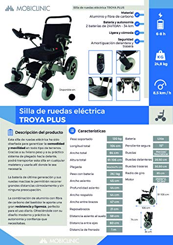 Mobiclinic, modelo Troya Plus, Silla de ruedas eléctrica, plegable, con motor, para discapacitados, minusválidos, ancianos, ortopedica, para mayores, asiento 45 cm, autonomía 34 km, 2 24V, Azul