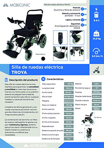 Mobiclinic, modelo Troya, Silla de ruedas eléctrica, plegable, con motor, para discapacitados, minusválidos, ancianos, ortopedica, para mayores, asiento 45 cm, autonomía 17 km, 24V, Azul