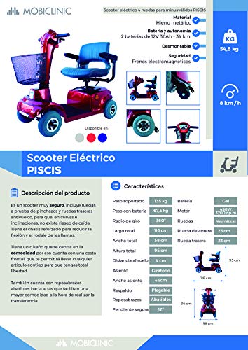 Mobiclinic, Piscis, Scooter eléctrico personas con movilidad reducida, adultos, minusválidos, discapacitados, 4 ruedas, Desmontable, Manillar plegable, asiento giratorio, Auton. 34 km, 12V, Burdeos