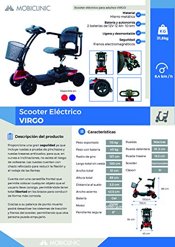 Mobiclinic, Virgo, Scooter eléctrico adultos, personas con movilidad reducida, minusválidos, discapacitados, 4 ruedas, Desmontable, Manillar plegable, Auton. 10 km, 12V, Rojo Mobiclinic, Virgo, Scooter eléctrico adultos, personas con movilidad reducida, minusválidos, discapacitados, 4 ruedas, Desmontable, Manillar plegable, Auton. 10 km, 12V, Rojo
