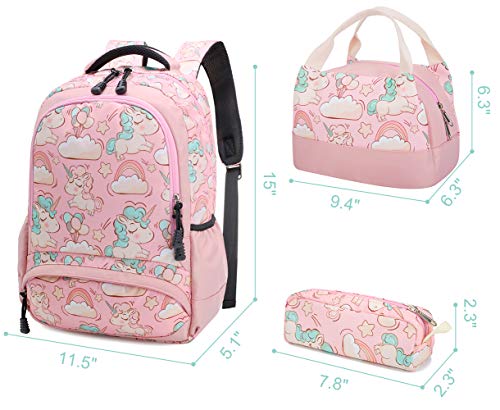 Mochila Escolar Unicornio Niña Infantil Adolescentes Sets de Mochila Backpack Casual Set con Bolsa del Almuerzo y Estuche de Lápices Rosa