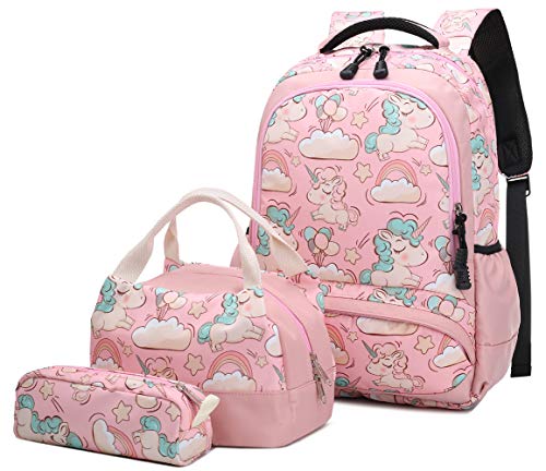 Mochila Escolar Unicornio Niña Infantil Adolescentes Sets de Mochila Backpack Casual Set con Bolsa del Almuerzo y Estuche de Lápices Rosa