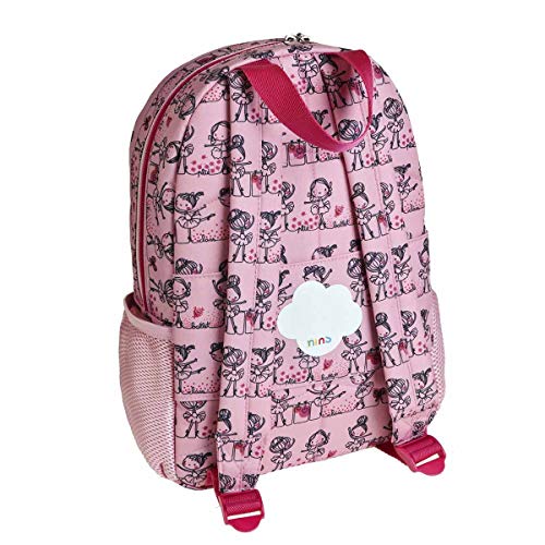 Mochila infantil bailarinas Busquets color rosa con diseño de bailarinas en cenefacon bolsillos laterales y correas regulables