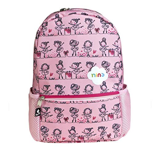 Mochila infantil bailarinas Busquets color rosa con diseño de bailarinas en cenefacon bolsillos laterales y correas regulables