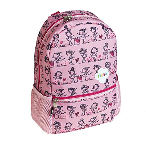 Mochila infantil bailarinas Busquets color rosa con diseño de bailarinas en cenefacon bolsillos laterales y correas regulables