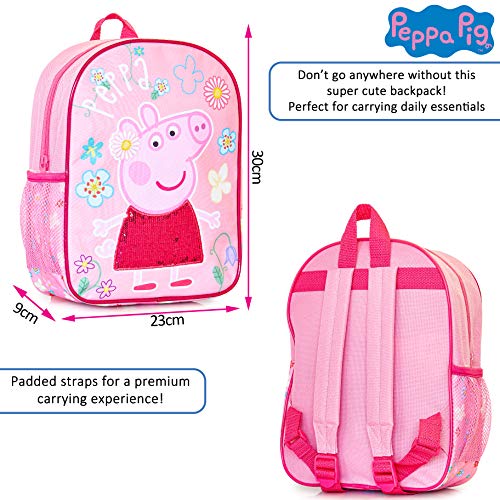 Mochila Infantil De Peppa Pig Para Niñas Con Detalle De Lentejuelas Rosas En El Vestido | Perfecta Para La Escuela De Niños, Guardería O Bolsa De Preescolar, Bolsa De Viaje Para Niños | Talla Única