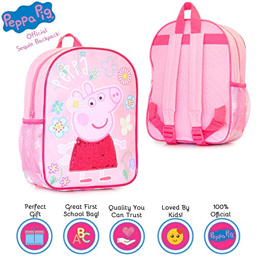 Mochila Infantil De Peppa Pig Para Niñas Con Detalle De Lentejuelas Rosas En El Vestido | Perfecta Para La Escuela De Niños, Guardería O Bolsa De Preescolar, Bolsa De Viaje Para Niños | Talla Única