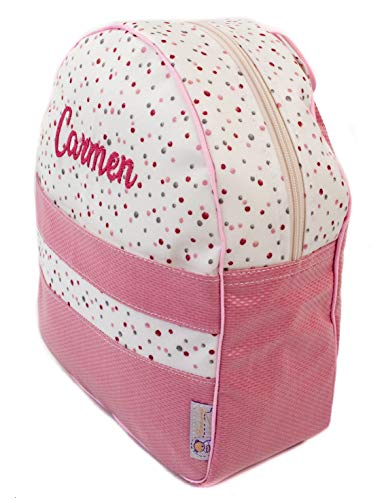 Mochila o Bolsa Infantil Personalizada con Nombre Plastificada. Modelo Little Nordic (Topitos Rosa)