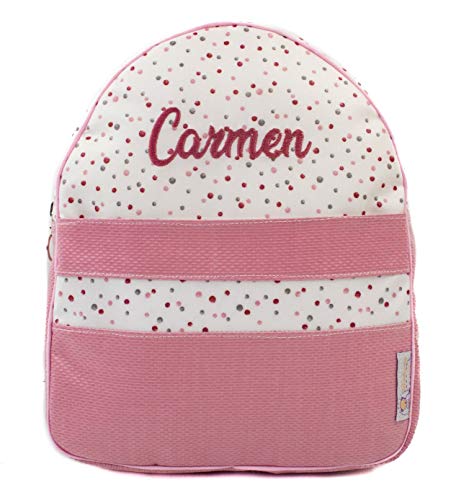 Mochila o Bolsa Infantil Personalizada con Nombre Plastificada. Modelo Little Nordic (Topitos Rosa)