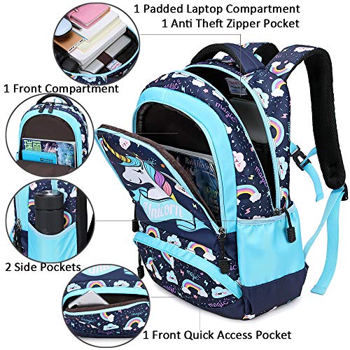 Mochila Unicornio Niños Impermeable Mochila Escolar para Adolescente Pequeñas Mochilas Infantil Bolso para Chicas para La Escuela,Viajes,Intemperie Juego de 3 (Azul)