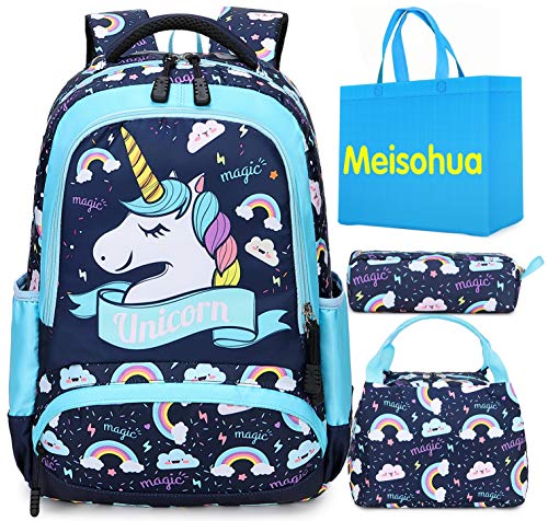 Mochila Unicornio Niños Impermeable Mochila Escolar para Adolescente Pequeñas Mochilas Infantil Bolso para Chicas para La Escuela,Viajes,Intemperie Juego de 3 (Azul)