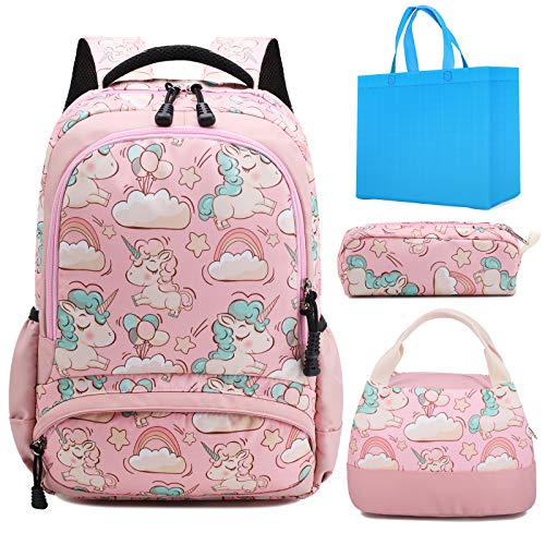 Mochila Unicornio Niños Impermeable Mochila Escolar para Adolescente Pequeñas Mochilas Infantil Bolso para Chicas para La Escuela,Viajes,Intemperie Juego de 3 - Rosa