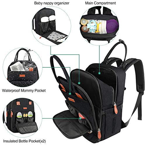 Mochilas para Pañales Biberones,Multifuncional Impermeable Mochila Maternidad,Gran Capacidad Bolso Cambiador Bebe con Bolsillo Térmico para Biberones (negro)