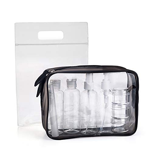 MOCOCITO Neceser Transparente con 8 Botellas de Viaje (MAX.100ml) y 1 Bolsa de Vuelo para Líquidos (20cm x 20cm,1L), Bolsa de Cosméticos Impermeable para Hombre y Mujer