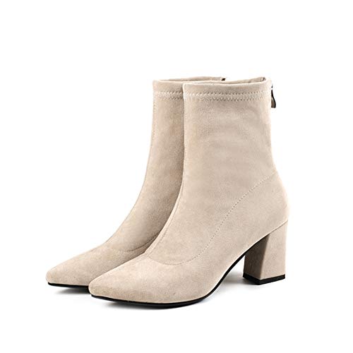 Moda Tobillo Botas de calcetín elástico Gruesos Tacones Altos Estiramiento de Las Mujeres otoño de Cuero de Gamuza Puntiagudos Botas de Negocios Formales