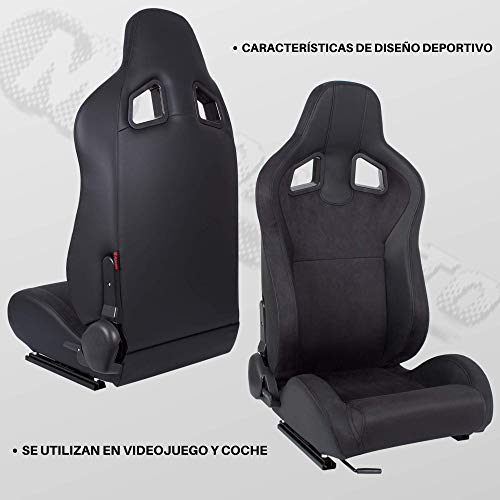 MODAUTO Asiento Deportivo Coche, Semibaquet Ajustable, de Cuero y Alcantara, con Ríeles Incluidos, Conductor y Pasajero, Universal para Coche y Simulador de Conducción, Modelo N790LR, Negro