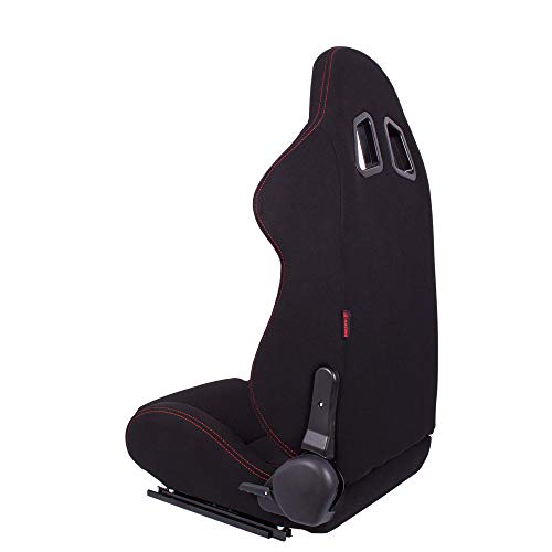 MODAUTO Asiento Deportivo Coche, Semibaquet Ajustable, de Tela, con Ríeles incluidos, Conductor y Pasajero, Universal para Coche y Simulador de Conducción, Modelo N190L, Negro y Cosutra Roja U