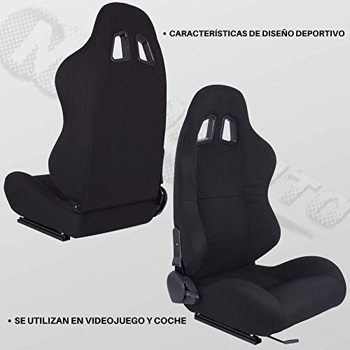 MODAUTO Asiento Deportivo Coche, Semibaquet Ajustable, de Tela, con Ríeles incluidos, Conductor y Pasajero, Universal para Coche y Simulador de Conducción, Modelo N100L, Negro