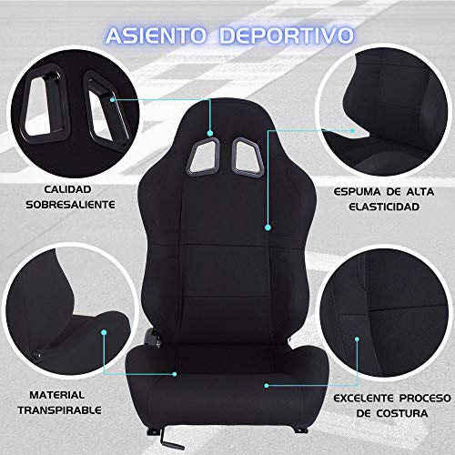 MODAUTO Asiento Deportivo Coche, Semibaquet Ajustable, de Tela, con Ríeles incluidos, Conductor y Pasajero, Universal para Coche y Simulador de Conducción, Modelo N100L, Negro