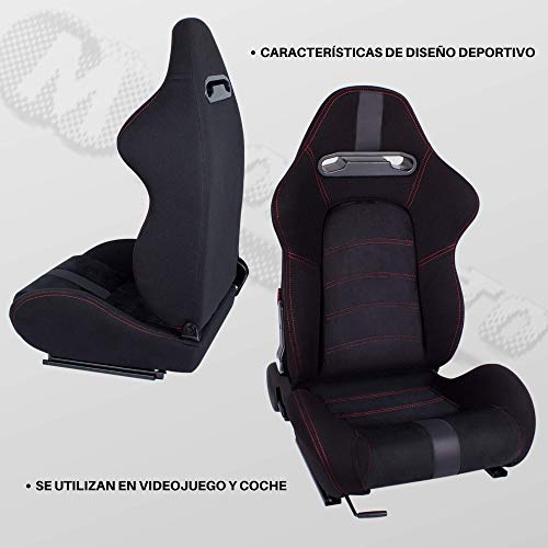 MODAUTO Asiento Deportivo Coche, Semibaquet Ajustable, Tela y Alcantara, Ríeles incluidos, Universal para Coche y Simulador de Conducción, N300L, Negro, Costura Roja