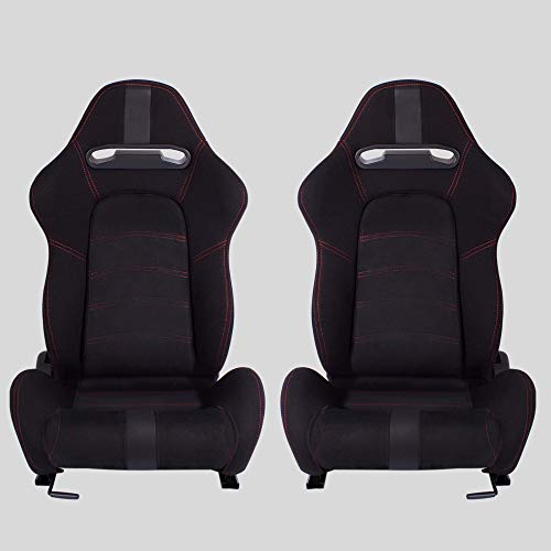 MODAUTO Asiento Deportivo Coche, Semibaquet Ajustable, Tela y Alcantara, Ríeles incluidos, Universal para Coche y Simulador de Conducción, N300L, Negro, Costura Roja