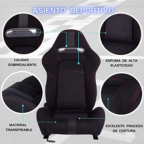 MODAUTO Asiento Deportivo Coche, Semibaquet Ajustable, Tela y Alcantara, Ríeles incluidos, Universal para Coche y Simulador de Conducción, N300L, Negro, Costura Roja