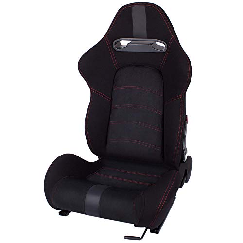 MODAUTO Asiento Deportivo Coche, Semibaquet Ajustable, Tela y Alcantara, Ríeles incluidos, Universal para Coche y Simulador de Conducción, N300L, Negro, Costura Roja