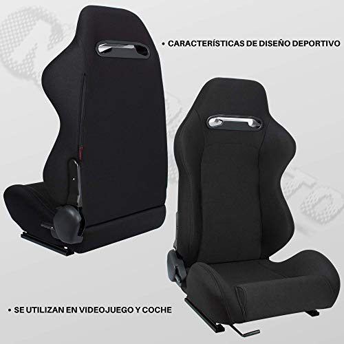 MODAUTO Asiento Deportivo Coche, Semibaquet Deportivo Ajustable, de Tela, con Ríeles Incluidos, Conductor y Pasajero, Universal para Coche y Simulador de Conducción, Modelo N101BKL, Tela Negra