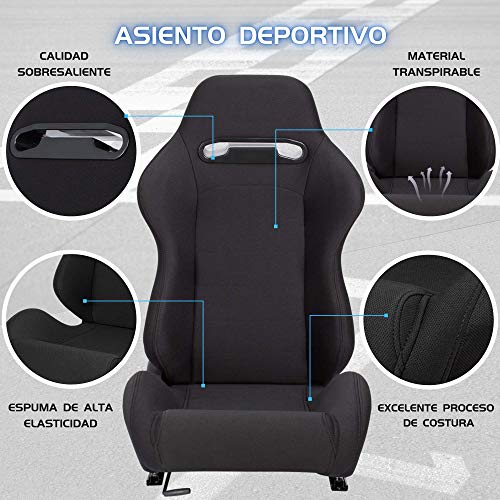 MODAUTO Asiento Deportivo Coche, Semibaquet Deportivo Ajustable, de Tela, con Ríeles Incluidos, Conductor y Pasajero, Universal para Coche y Simulador de Conducción, Modelo N101BKL, Tela Negra