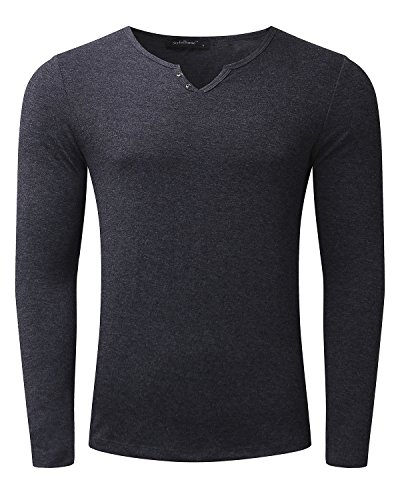 MODCHOK Hombre Camiseta Manga Larga Polo T-Shirt Cuello V Color S¨®Lido Casual Oficina Gris Oscuro L