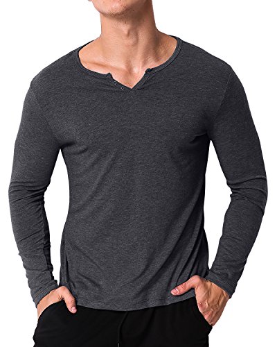 MODCHOK Hombre Camiseta Manga Larga Polo T-Shirt Cuello V Color S¨®Lido Casual Oficina Gris Oscuro L