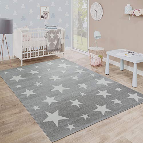 Moderna Alfombra Pelo Corto Estrellas Habitación Infantil Estampado Gris Blanco, tamaño:120x170 cm Moderna Alfombra Pelo Corto Estrellas Habitación Infantil Estampado Gris Blanco, tamaño:120x170 cm