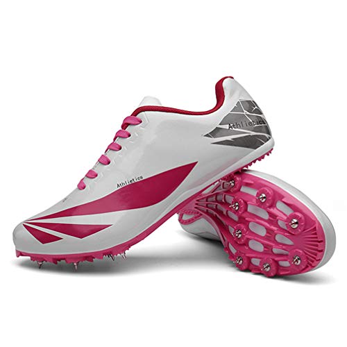 Mofeng - Zapatillas de Deporte Unisex para Correr y Caminar, Resistentes al Desgaste, con Pinchos de Cross Country, Profesionales, para competición, con Triple Salto, blanco-rosa-37