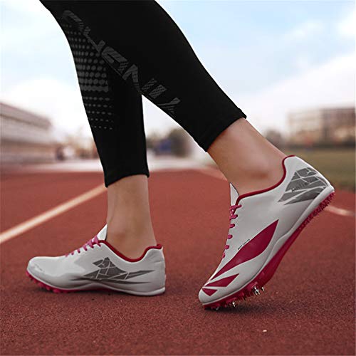 Mofeng - Zapatillas de Deporte Unisex para Correr y Caminar, Resistentes al Desgaste, con Pinchos de Cross Country, Profesionales, para competición, con Triple Salto, blanco-rosa-37