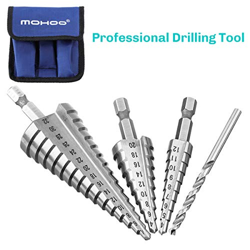 MOHOO Brocas Escalonadas, Juego de 3 Brocas Cónicas + 1 Broca Helicoidal para Taladro para Metal Acero de Alta Velocidad 4-12mm / 4-20mm / 4-32mm Hss Titanio para Acero, Madera, Plástico, etc. MOHOO Brocas Escalonadas, Juego de 3 Brocas Cónicas + 1 Broca Helicoidal para Taladro para Metal Acero de Alta Velocidad 4-12mm / 4-20mm / 4-32mm Hss Titanio para Acero, Madera, Plástico, etc.
