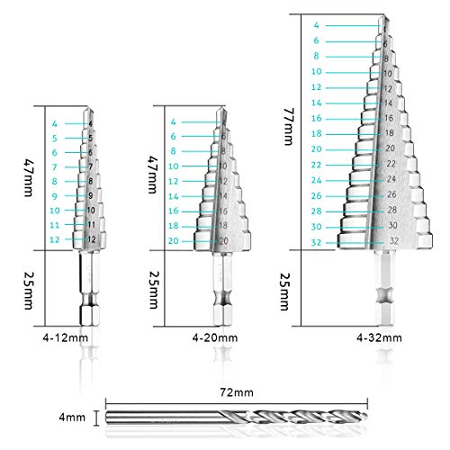 MOHOO Brocas Escalonadas, Juego de 3 Brocas Cónicas + 1 Broca Helicoidal para Taladro para Metal Acero de Alta Velocidad 4-12mm / 4-20mm / 4-32mm Hss Titanio para Acero, Madera, Plástico, etc. MOHOO Brocas Escalonadas, Juego de 3 Brocas Cónicas + 1 Broca Helicoidal para Taladro para Metal Acero de Alta Velocidad 4-12mm / 4-20mm / 4-32mm Hss Titanio para Acero, Madera, Plástico, etc.