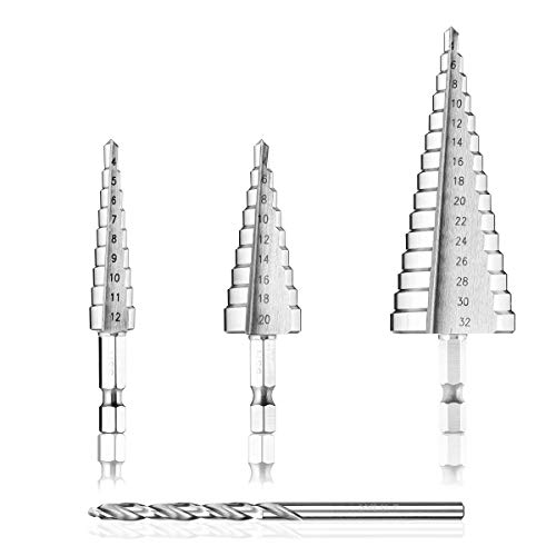 MOHOO Brocas Escalonadas, Juego de 3 Brocas Cónicas + 1 Broca Helicoidal para Taladro para Metal Acero de Alta Velocidad 4-12mm / 4-20mm / 4-32mm Hss Titanio para Acero, Madera, Plástico, etc. MOHOO Brocas Escalonadas, Juego de 3 Brocas Cónicas + 1 Broca Helicoidal para Taladro para Metal Acero de Alta Velocidad 4-12mm / 4-20mm / 4-32mm Hss Titanio para Acero, Madera, Plástico, etc.