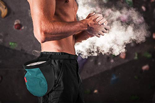 MoKo Bolsillo de Tiza con Cinturón Ajustable y Mosquetón Cordón para Deportes, Bolsa de Magnesio al Aire Libre para Escalada en Roca, Levantamiento de Pesas, Gimnasia - Negro + Azul Claro