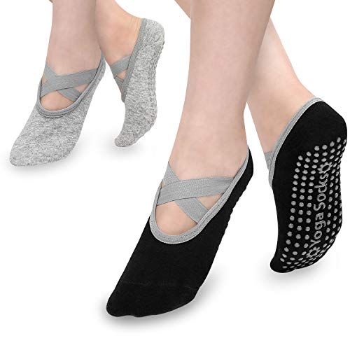 MoKo Calcetines Yoga para Mujer, (2 PZS) Calcetines Antideslizantes Pilates Barre para Baile con Empuñaduras Antideslizantes para Mujer para Descalzo - Negro & Gris Claro