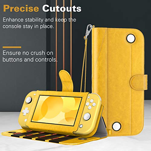 MoKo Funda Compatible con Nintendo Switch Lite, Cubierta Protectora de PU con 8 Puertos para Cartucho de Juego, Ranura de Tarjeta, Manija y Cordón de Mano para Nintendo Switch Lite 2019 - Amarillo