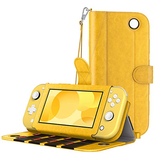 MoKo Funda Compatible con Nintendo Switch Lite, Cubierta Protectora de PU con 8 Puertos para Cartucho de Juego, Ranura de Tarjeta, Manija y Cordón de Mano para Nintendo Switch Lite 2019 - Amarillo