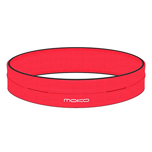 MoKo Riñoneras Belt Universal - Deportivo Cinturón de Correr de 4 Bolsillos para Ejercicios, Fitness, Gimnasio para iPhone 7 / 6S / Galaxy J7 / S9 / S7 Edge/Xiaomi Redmi 5 / Redmi 5 Plus,S, Rojo