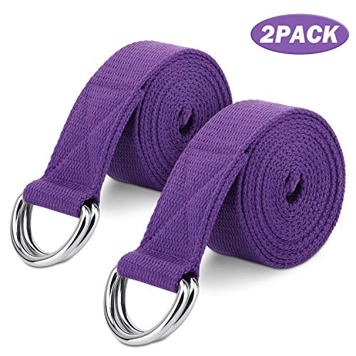 MoKo Yoga Correa - [2 Pzs] Durable Algodón Suave de Estiramiento Fitness Ejercicio Físico Band con D-Ring Metal & Strap Belt 6ft para Mejora de la Flexibilidad, Terapia Física - Morado