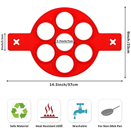 Molde de silicona antiadherente para tortitas, con 7 agujeros, para huevos redondos, magdalenas, tortitas, color rojo, 2 unidades Molde de silicona antiadherente para tortitas, con 7 agujeros, para huevos redondos, magdalenas, tortitas, color rojo, 2 unidades
