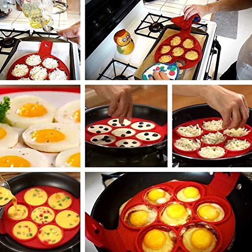 Molde de silicona antiadherente para tortitas, con 7 agujeros, para huevos redondos, magdalenas, tortitas, color rojo, 2 unidades