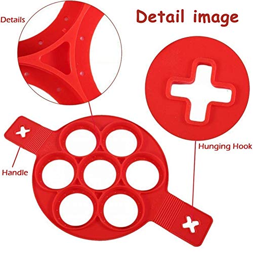 Molde de silicona antiadherente para tortitas, con 7 agujeros, para huevos redondos, magdalenas, tortitas, color rojo, 2 unidades Molde de silicona antiadherente para tortitas, con 7 agujeros, para huevos redondos, magdalenas, tortitas, color rojo, 2 unidades
